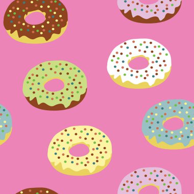 Renkli çöreklerle kusursuz desen. Pembe arkaplanda düz vektör çizimi.
