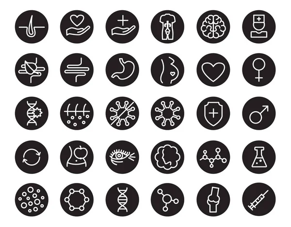 Tıbbın simgeleri. Siyah bir çemberin içindeki tıbbi semboller. Beyaz arkaplanda izole edilmiş doğrusal vektör çizimi.