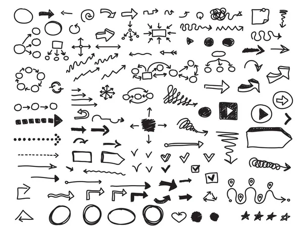 Vektör soyut siyah el çizilmiş oklar ve işaretler beyaz arkaplanda izole edildi. Çizgi film ok işareti. Ok sembolü seti. Modern karalama oku koleksiyonu. Vektör illüstrasyonu.