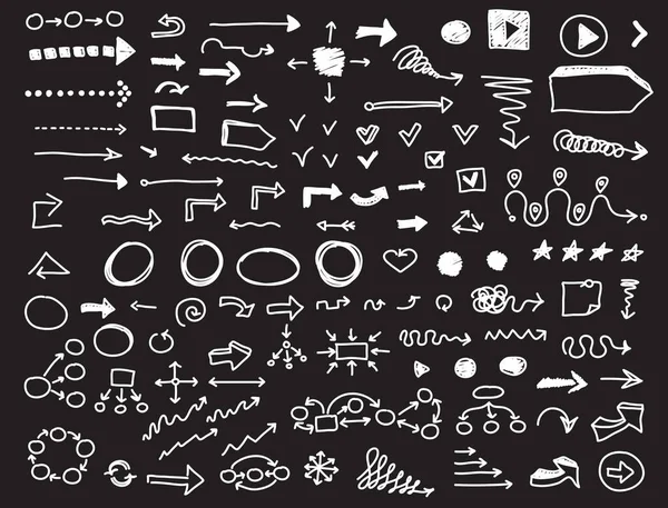 Soyut beyaz el çizilmiş oklar ve işaretler. Çizgi film ok işareti. Ok sembolü seti. Modern karalama oku koleksiyonu. Vektör illüstrasyonu siyah arkaplanda izole edildi.