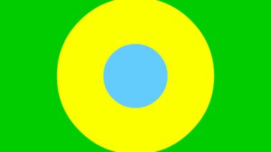 Merkezden ayrılan çok renkli daireler yeşil arka planda izole ediliyor. Canlandırılmış vektör illüstrasyonu.