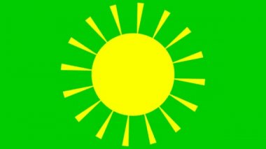 Güneş parlıyor. Animasyon sarı güneş yeşil arka planda izole edildi. Güneş geri dönüyor. Döngülü canlandırma.