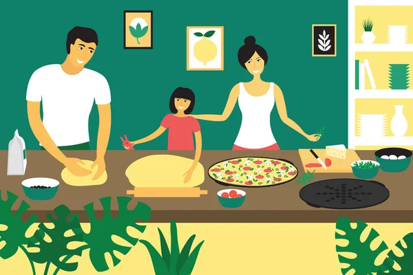 Joyeux Famille Faisant Des Pizzas Père Mère Cuisinière Dans Cuisine — Image vectorielle