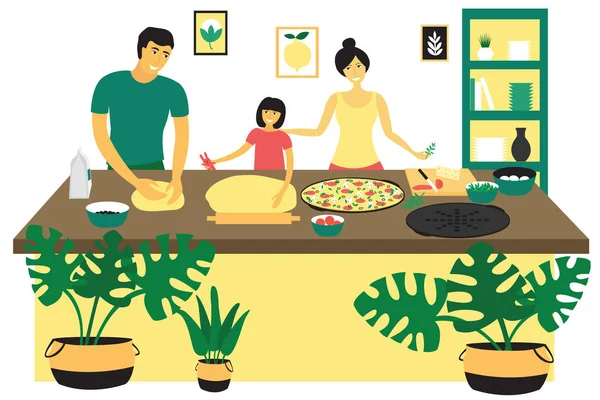 ピザを作る幸せな家族 お父さんお母さん台所で料理してる パパは生地をこねる 家庭での娯楽の近代的なデザインの概念 白い背景に描かれた明るいフラットベクトルイラスト — ストックベクタ