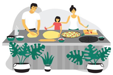 Mutlu aile pizza yapıyor. Baba, anne mutfakta aşçı. Babam hamur yoğurur. Modern tasarım konsepti evde zaman geçirme. Beyaz arkaplanda izole edilmiş parlak düz vektör çizimi.