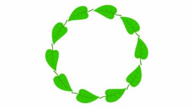 Canlandırılmış yeşil yapraklar daireler çiziyor. Yapraktan çelenk. Beyaz arkaplanda izole edilmiş vektör düz illüstrasyon.