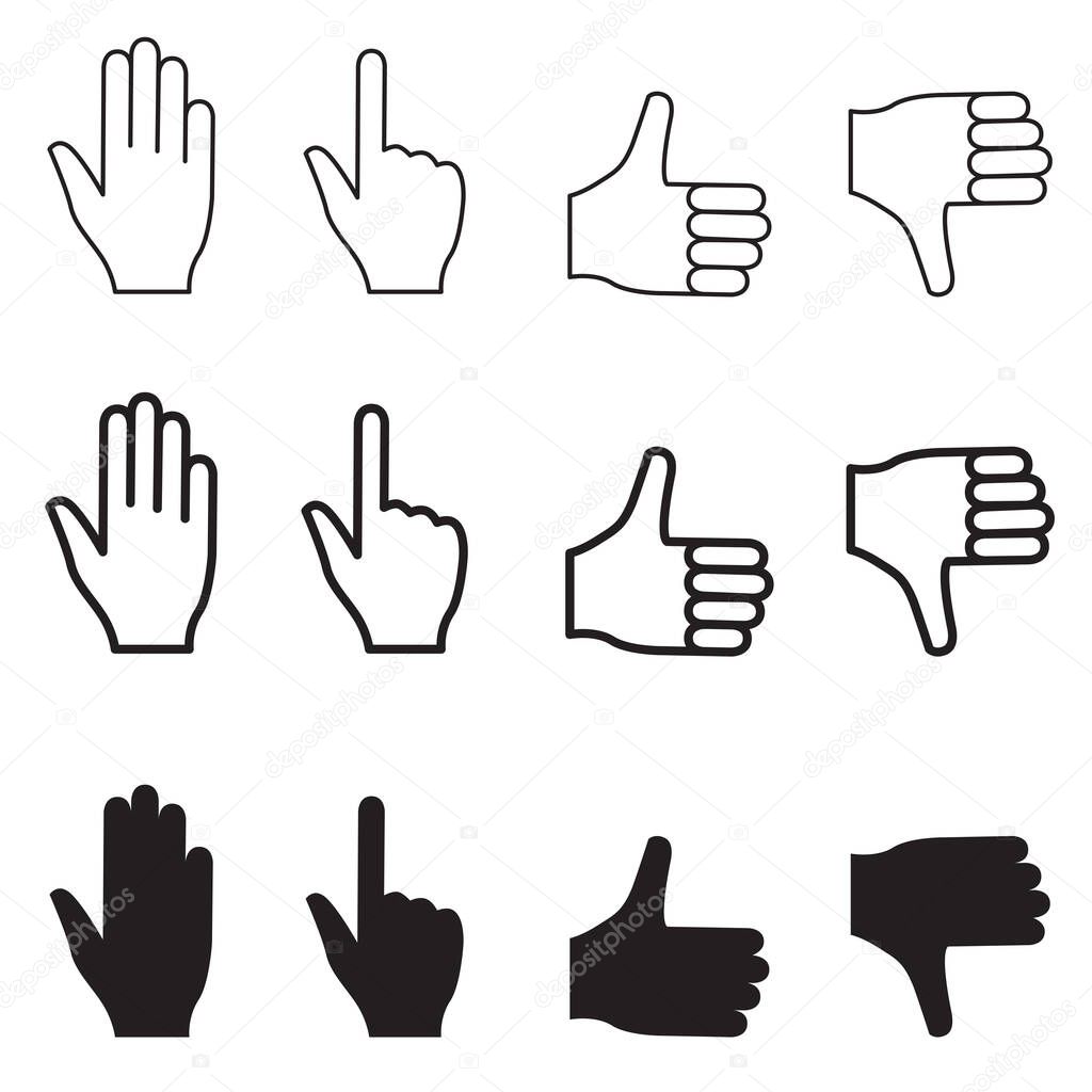 Set of hand icons. Vector linear illustration isolated on the white background.