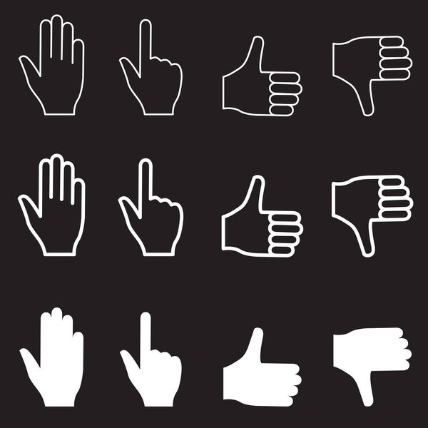 Набор белых иконок. Векторная линейная иллюстрация на черном фоне.