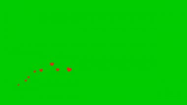 Canlandırılmış kırmızı kalpler soldan sağa uçar. Uçan kalpler dalgası. Vektör illüstrasyonu yeşil arkaplanda izole edildi.