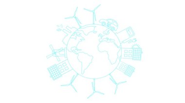 Gezegen etrafında yeşil enerji şehrinin canlı mavi ikonu. Çizgi sembolü Sürdürülebilirlik kavramı, çevre, yenilenebilir enerji, yeşil teknoloji. Resimler beyaz arkaplanda izole edildi. 