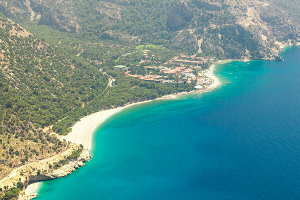 Fethiye, Turkey - Panoramic view Belcekiz Beach. Oludeniz, Blue Lagoon Fethiye from air drone. Mediterranean coast