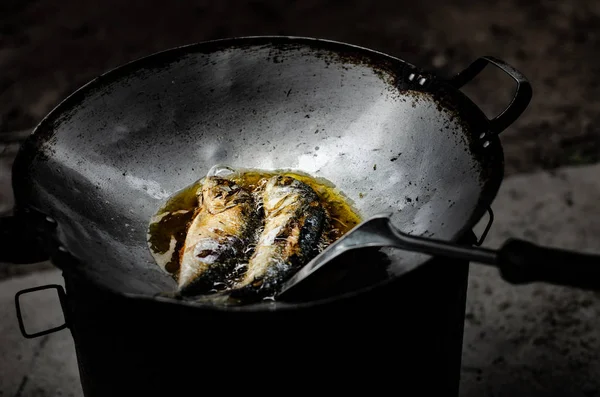 Close Pesce Nel Pan Asiatici Stanno Cucinando Cucina Mattino — Foto Stock