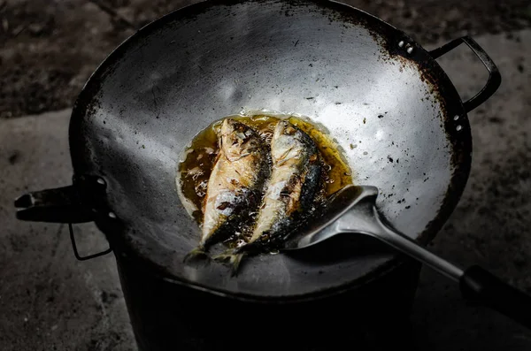 Close Pesce Nel Pan Asiatici Stanno Cucinando Cucina Mattino — Foto Stock