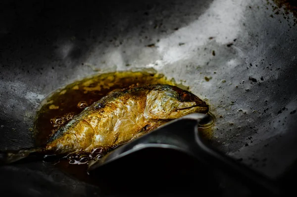 Close Pesce Nel Pan Asiatici Stanno Cucinando Cucina Mattino — Foto Stock