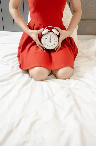 Women Wear Red Skirts Using Hands Scratch Vagina Itching Caused — 스톡 사진