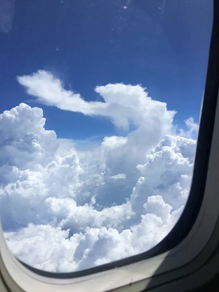 The sky in the evening.Sky Blue.The blue sky looks out through the windows of the passenger compartment