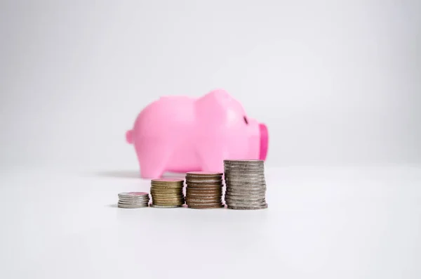 Piggy Bank Pink Money Tower White Background Ave Make Better — Stock Photo, Image