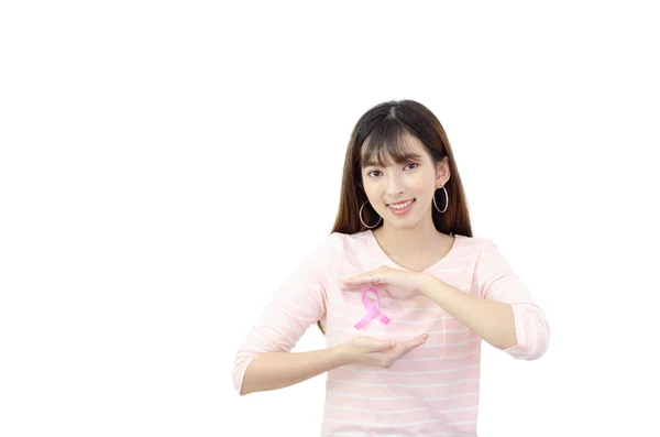 Roze Lint Aangebracht Een Aziatische Vrouw Shirt Niet Richten Objecten — Stockfoto