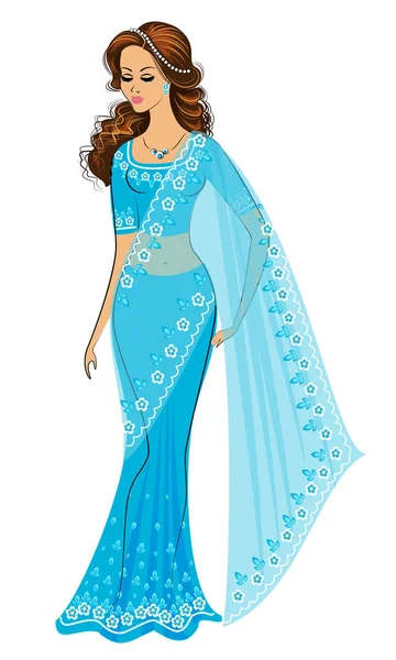 Silhouette es una dulce dama. La chica está vestida con un sari tradicional, ropa nacional india. Mujer joven y hermosa. Ilustración vectorial — Vector de stock