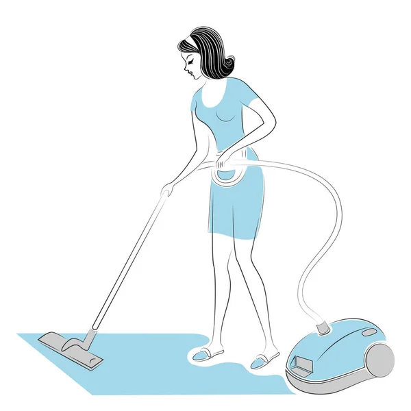 Profile of a sweet lady. The girl removes dust in the room with a vacuum cleaner. A woman is a good wife and a neat housewife. Vector illustration — Stock Vector