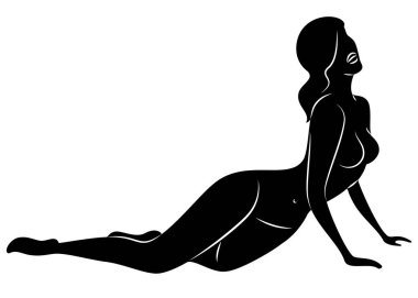 Tatlı bir bayanın silueti. Kızın çok güzel ince bir figürü var. Kadın yalan söylüyor. Vektör çizimi.