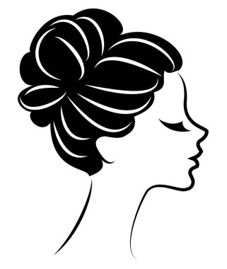 Tatlı bir bayan ın kafasının silueti. Kız orta ve uzun saç bir kadın saç modeli gösterir. Logo, reklam için uygundur. Vektör çizimi.