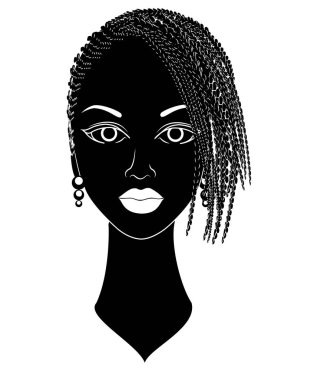 Tatlı bir bayanın kafasının profili. Bir Afrikalı-Amerikalı kız orta ve kısa saç onu saç modeli gösterir. Siluet, güzel ve şık bir kadın. Vektör çizimi