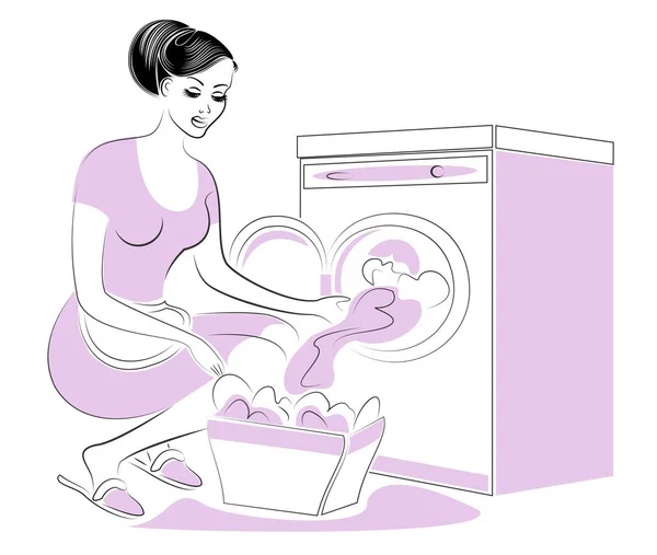 Profil seorang wanita manis. Gadis itu mencuci pada mesin cuci, meletakkan pakaian kotor. Seorang wanita adalah istri yang baik dan ibu rumah tangga yang rapi. Ilustrasi vektor - Stok Vektor