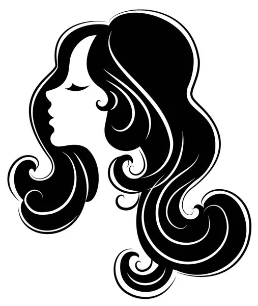 Silhouette d'une tête de dame douce. Une fille montre une coiffure d'une femme aux cheveux moyens et longs. Convient pour le logo, la publicité. Illustration vectorielle . — Image vectorielle