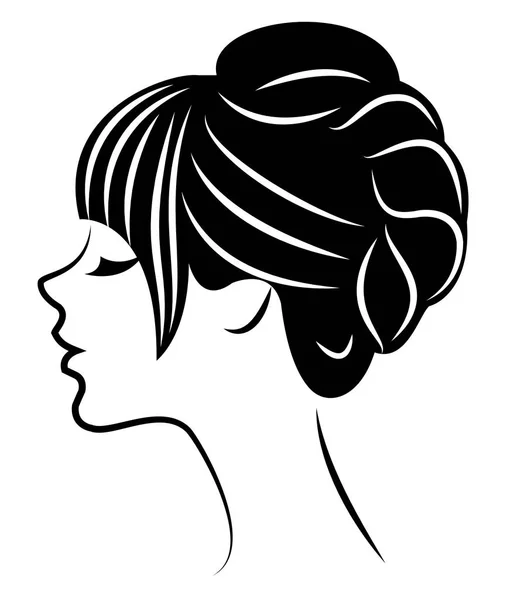 一个甜美女士头的轮廓剪影。女孩在中长发上展示女性发型。适合标识、广告。矢量插图. — 图库矢量图片