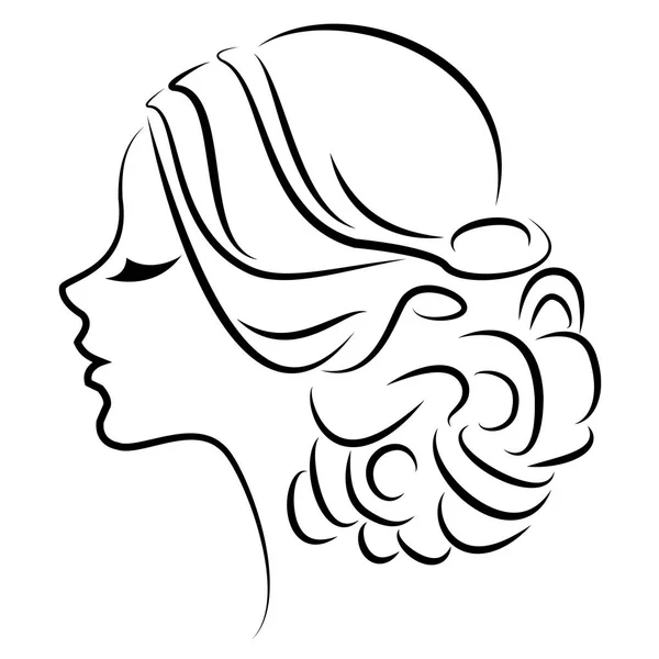 Silhouette d'un profil de la tête d'une douce dame. La fille montre une coiffure féminine sur les cheveux moyens et longs. Convient pour le logo, la publicité. Illustration vectorielle . — Image vectorielle