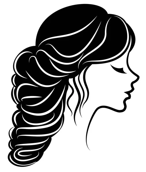 一个甜美女士头的轮廓剪影。女孩在中长发上展示女性发型。适合标识、广告。矢量插图. — 图库矢量图片