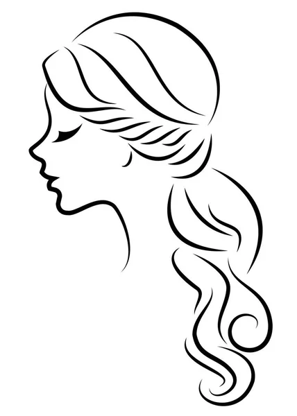 Silhuett av en profil av en söt dam s huvud. Flickan visar en kvinnlig frisyr på medellång och långt hår. Lämplig för logotyp, reklam. Vektor illustration. — Stock vektor