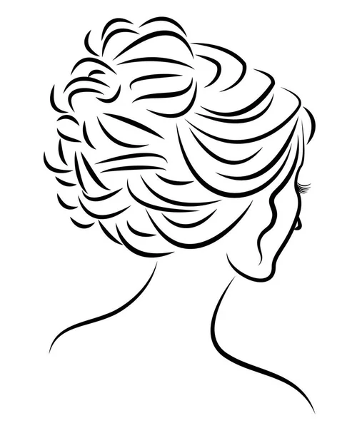 Silhueta de um perfil da cabeça de uma senhora doce. A menina mostra um penteado feminino no cabelo médio e longo. Adequado para logotipo, publicidade. Ilustração vetorial . —  Vetores de Stock