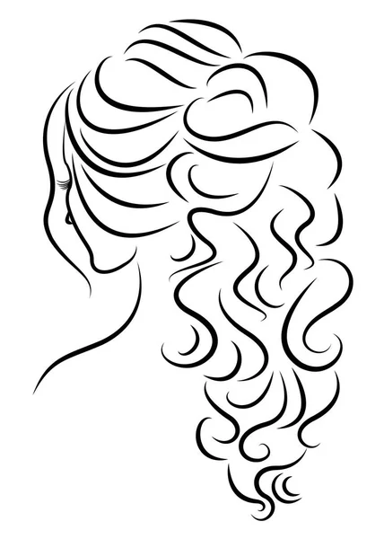 Silhueta de um perfil da cabeça de uma senhora doce. Uma menina mostra um penteado da cauda feminino no cabelo longo e médio. Adequado para logotipo, publicidade. Ilustração vetorial . — Vetor de Stock