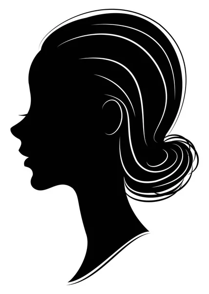 Silhouette de la tête d'une douce dame. La fille montre un faisceau de coiffure féminine sur les cheveux longs et moyens. Convient pour la publicité, logo. Illustration vectorielle . — Image vectorielle