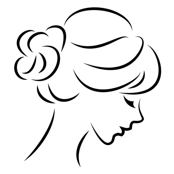 Silhouette d'un profil de la tête d'une douce dame. La fille montre une coiffure féminine sur les cheveux moyens et longs. Convient pour le logo, la publicité. Illustration vectorielle . — Image vectorielle