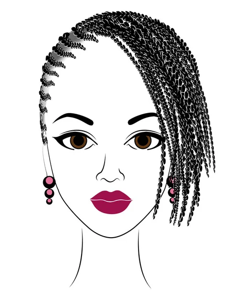 Tatlı bir bayanın kafasının profili. Bir Afrikalı-Amerikalı kız orta ve kısa saç onu saç modeli gösterir. Siluet, güzel ve şık bir kadın. Vektör çizimi