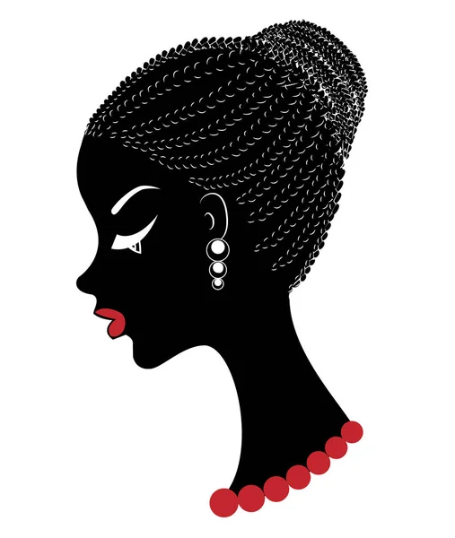 Perfil da cabeça de uma senhora doce. Uma menina afro-americana mostra seu penteado no cabelo médio e curto. Silhueta, mulher bonita e elegante. Ilustração vetorial — Vetor de Stock