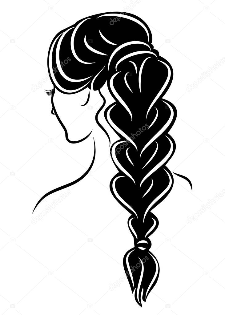 Silhouette profile of a cute lady s head. The girl shows the female hairstyle braid on long and medium hair. Suitable for advertising, logo. Vector illustration.