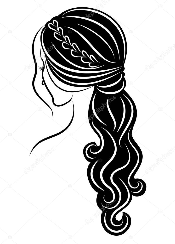 Silhouette of a profile of a sweet lady s head. The girl shows a female hairstyle on medium and long hair. Suitable for logo, advertising. Vector illustration.