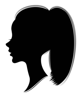 Tatlı bir bayan ın kafasının silueti. Bir kız uzun ve orta saç bir kadın kuyruk-saç modeli gösterir. Logo, reklam için uygundur. Vektör çizimi.