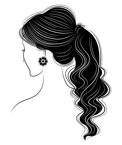 Silhouette of a profile of a sweet lady s head. A girl shows a female tail-hairstyle on long and medium hair. Suitable for logo, advertising. Vector illustration.