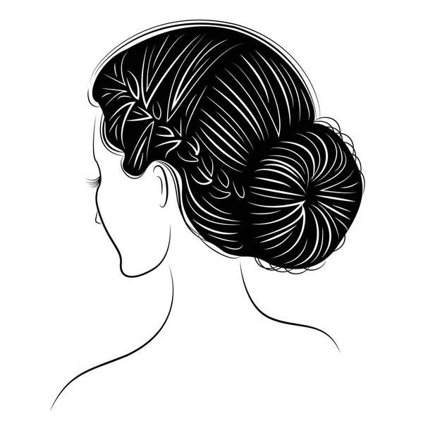 Silhouet van het hoofd van een lieve dame. Het meisje toont een vrouwelijke kapsel bundel op lang en gemiddeld haar. Geschikt voor reclame, logo. Vector illustratie. — Stockvector