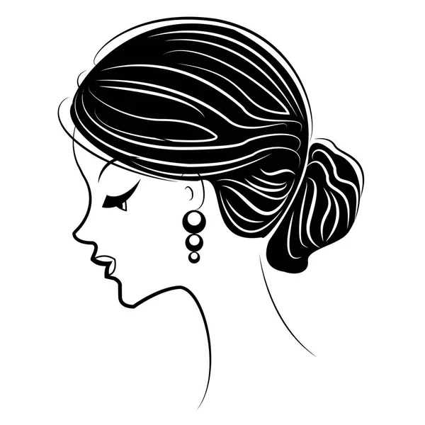 Silhouette de la tête d'une douce dame. La fille montre un faisceau de coiffure féminine sur les cheveux longs et moyens. Convient pour la publicité, logo. Illustration vectorielle . — Image vectorielle