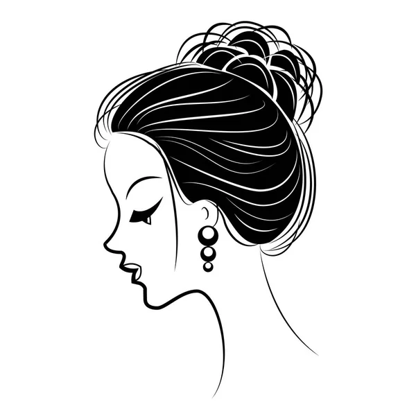 一个甜美的女士的头的剪影。女孩显示一个女性发型捆绑在长和中发。适合广告，标识。矢量插图. — 图库矢量图片