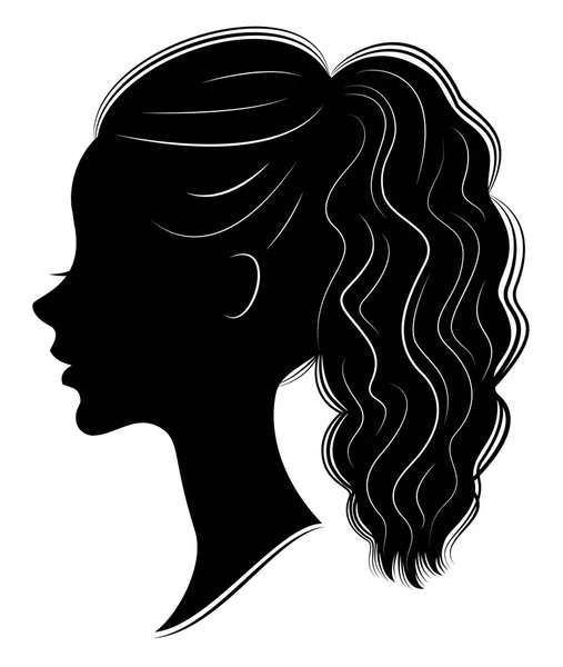 Silhouette di un profilo della testa di una dolce signora. Una ragazza mostra un taglio di coda femminile su capelli lunghi e medi. Adatto per logo, pubblicità. Illustrazione vettoriale . — Vettoriale Stock