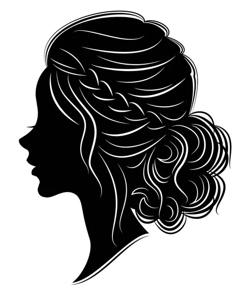 Silhouette della testa di una dolce signora. La ragazza mostra un fascio di acconciatura femminile su capelli lunghi e medi. Adatto per pubblicità, logo. Illustrazione vettoriale . — Vettoriale Stock