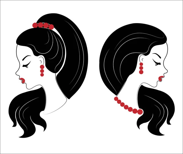 Coleção. Perfil de silhueta da cabeça de uma senhora bonita. A menina mostra seu penteado para cabelos médios e longos. Adequado para logotipo, publicidade. Conjunto de ilustrações vetoriais — Vetor de Stock