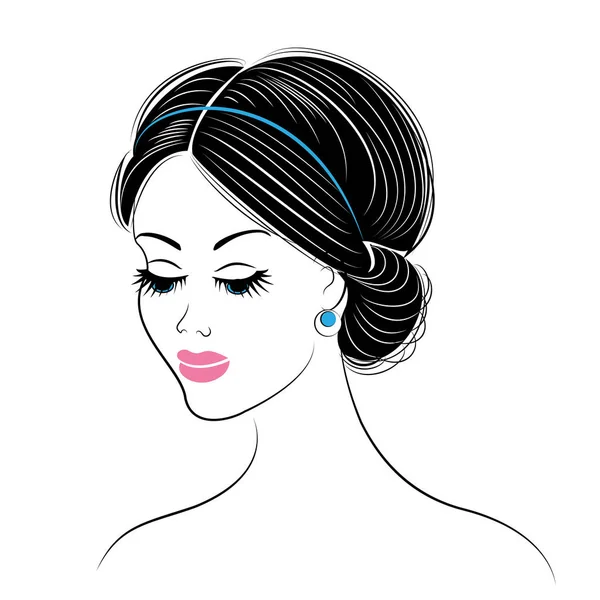 Tatlı bir bayanın kafasının silueti. Kız uzun ve orta saçlar için bir Yunan saç modeli gösterir. Kadın güzel ve şık. Vektör çizimi — Stok Vektör